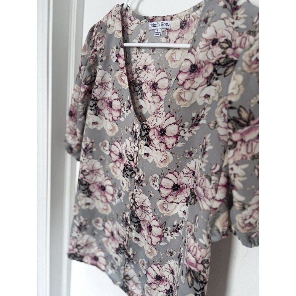 Ophelia Roe Gray And pink Floral Casual Flowy Business Casual Blouse Size L. - Picture 2 of 9